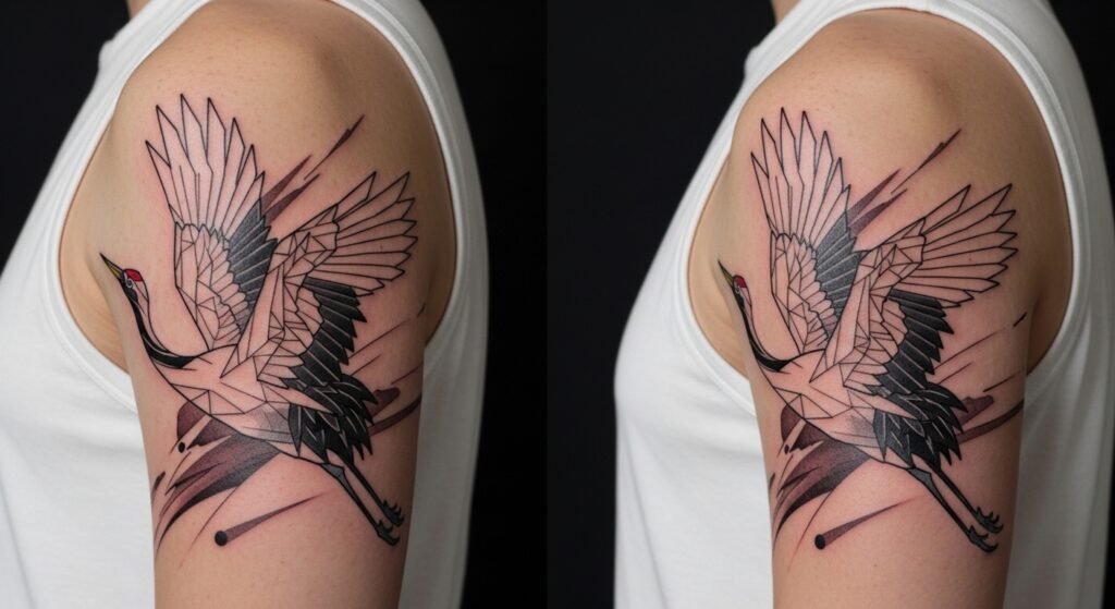 Geometric Crane in Flight Across tattoo