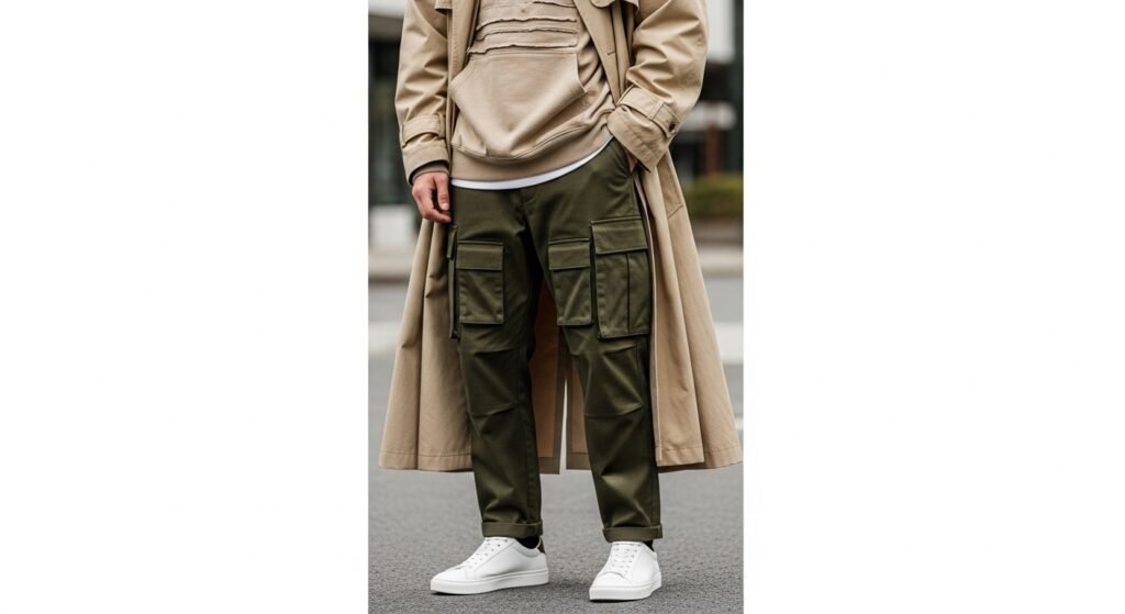 Layered cargo trench outfit