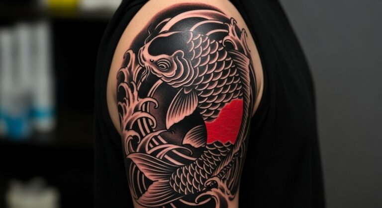 Blackwork Koi Fish Circling the Upper Arm in Bold Contrast