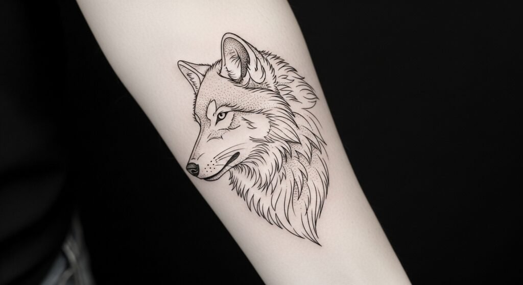 Fine Line Wolf on forearm