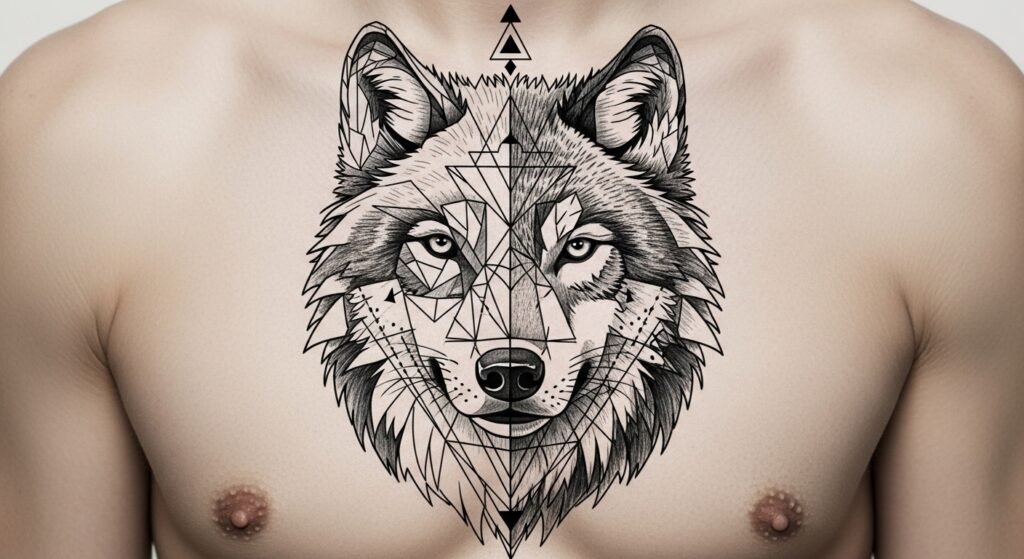 Geometric Wolf Head Split tattoo