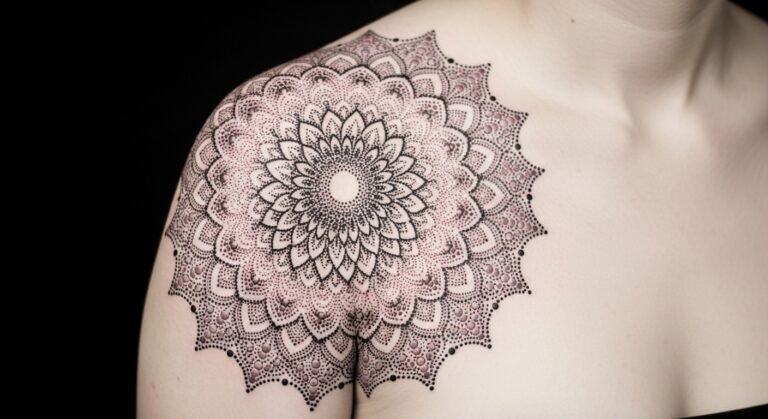 Dotwork Mandala Expanding Across the Shoulder