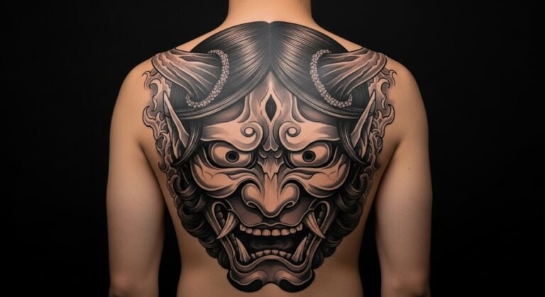 Mythological Hannya Mask in Blackwork Across the Back