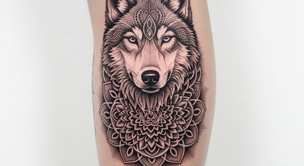 Dotwork Wolf Mandala Fusion tattoo