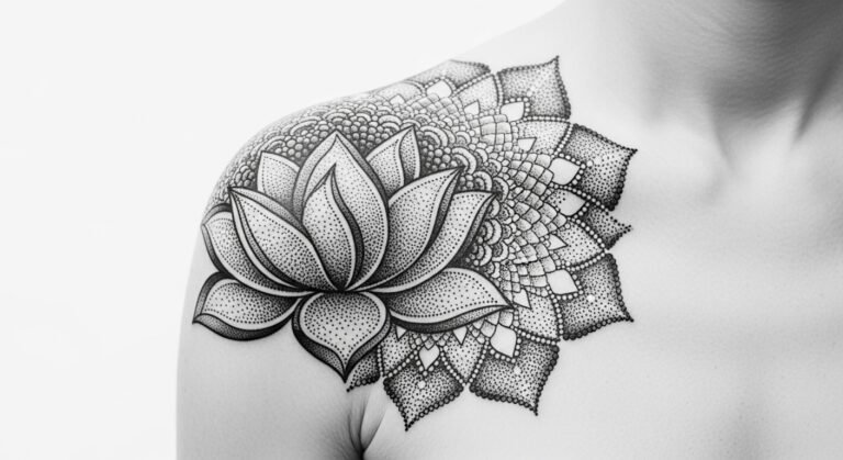 Dotwork Lotus Mandala Centered on the Shoulder