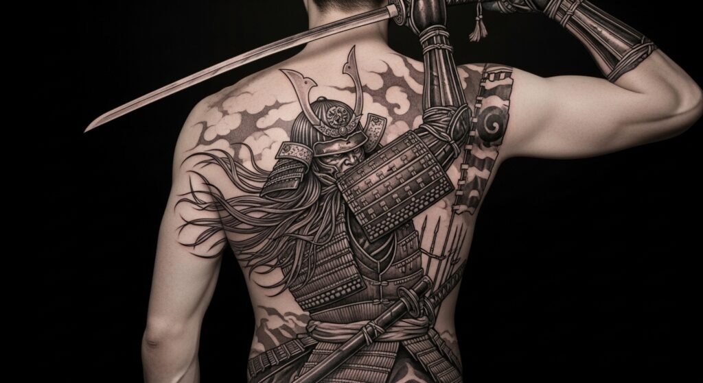 Illustrative Samurai in Mid-Battle tattoo