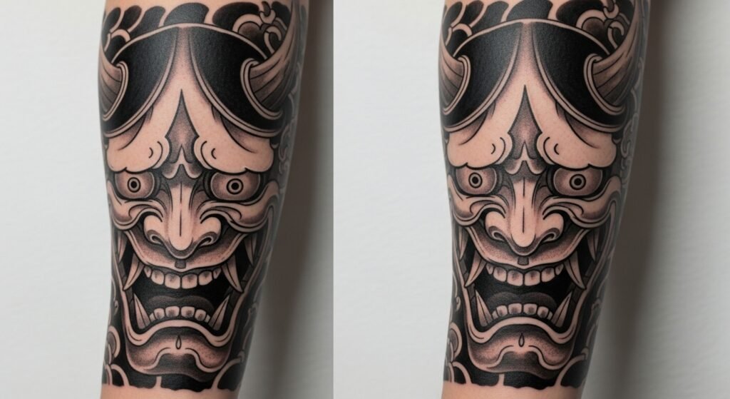 Blackwork Oni Mask tattoo