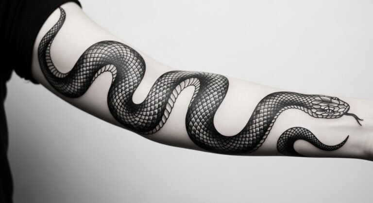 Blackwork Snake Wrapping the Forearm in Continuous Motion