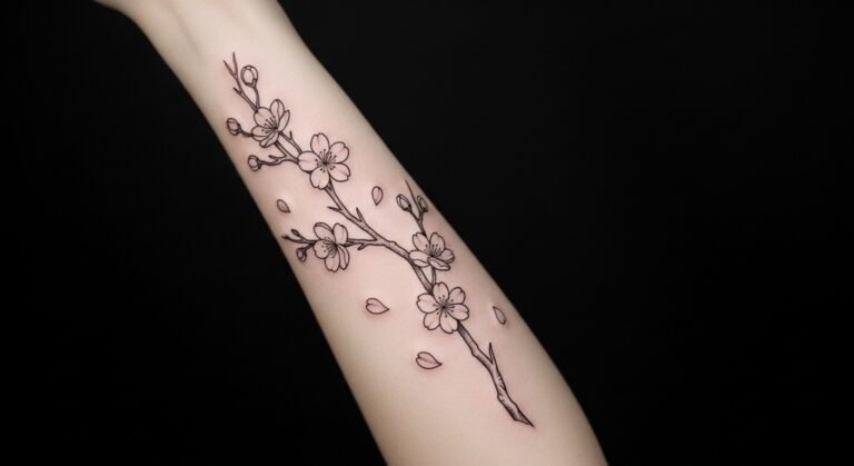  Fine Line Cherry Blossom Branch Flowing Along the Forearm
