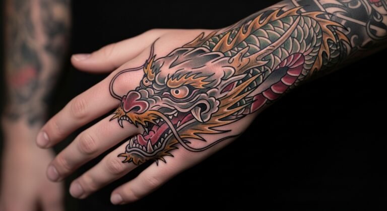 Neo-Traditional Dragon Head Spanning the Hand