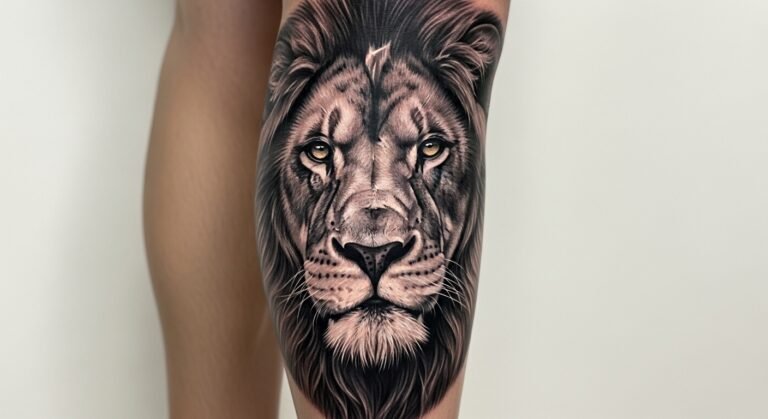 Realism Lion Portrait on the Calf in Deep Black and Grey