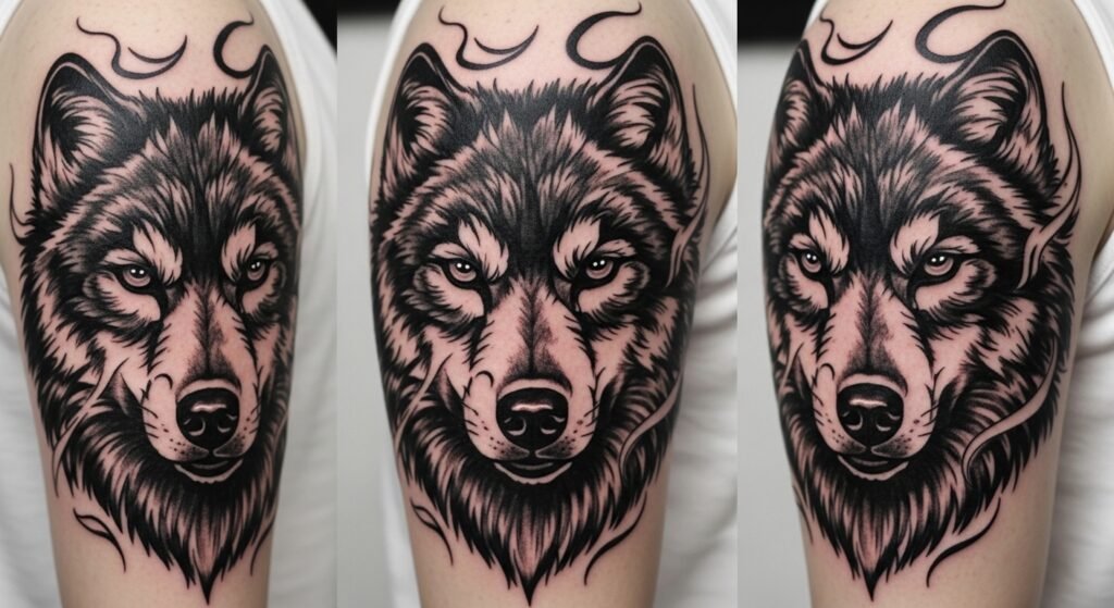 Bold Blackwork Wolf Head tattoo