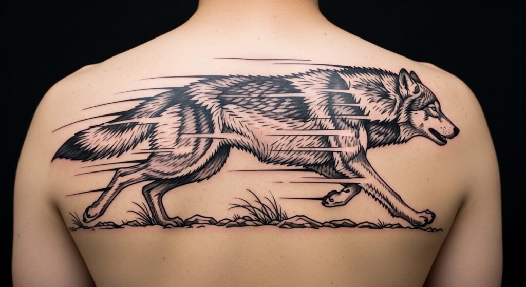 Illustrative Running Wolf tattoo