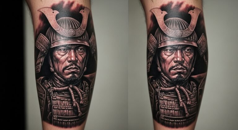 Realism Samurai Portrait on the Calf With Deep Contrast