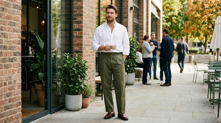 White Shirt Olive Trousers