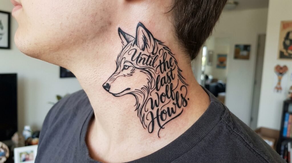 Script-Based Wolf Silhouette tattoo