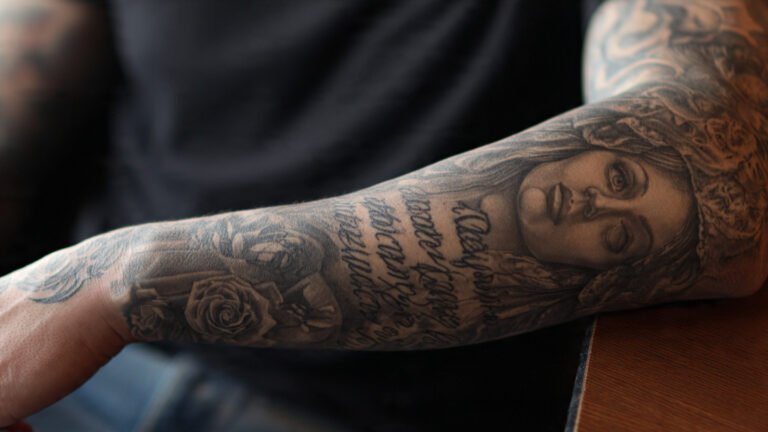 Chicano Style Full Sleeve with Script and Portraits