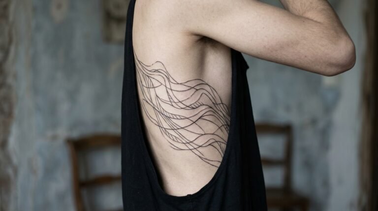 Abstract geometric rib tattoo lines