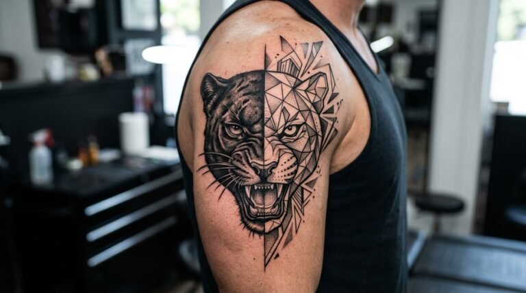 Panther geometric split upper arm tattoo