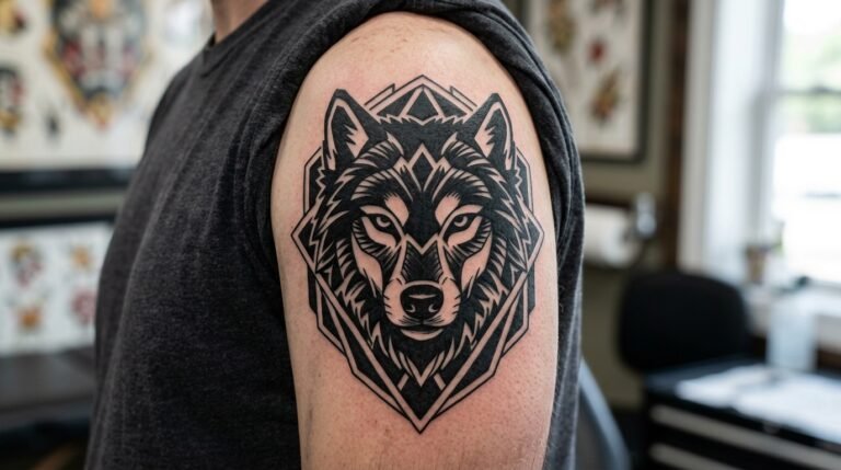 Geometric wolf head upper arm tattoo
