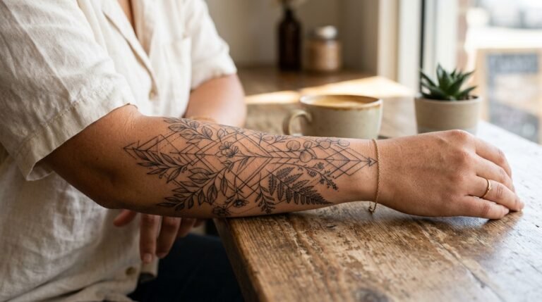 Botanical geometric forearm wrap tattoo