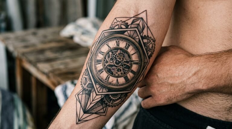 Clock geometric realism arm tattoo