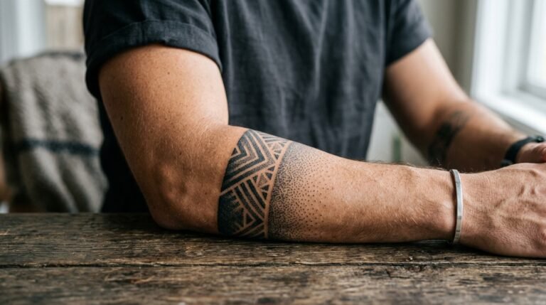 Dotwork geometric band arm tattoo