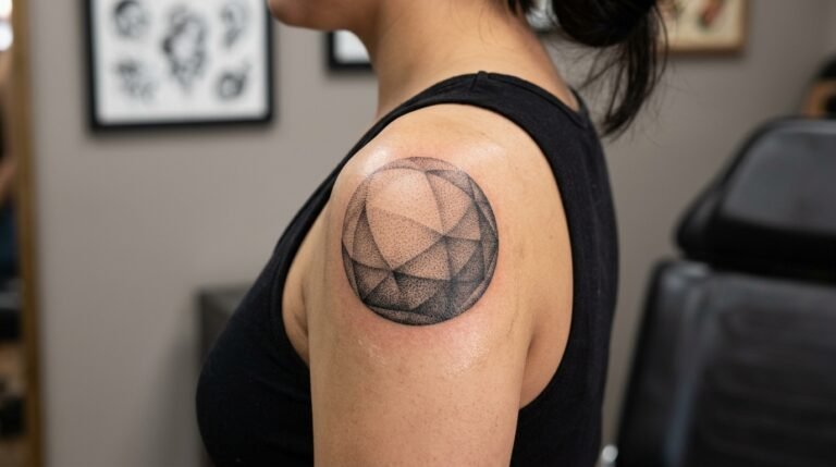 Dotwork geometric sphere shoulder tattoo