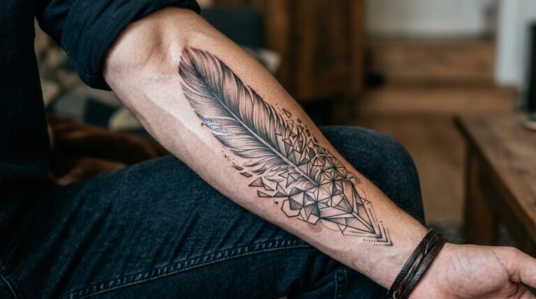 Feather geometric realism arm tattoo