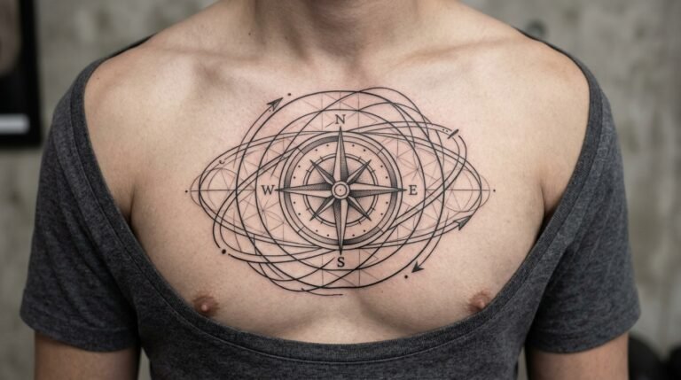 Geometric compass chest tattoo design