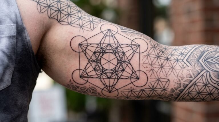 Metatron cube geometric sleeve tattoo