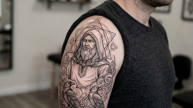 Mythology geometric shoulder tattoo design