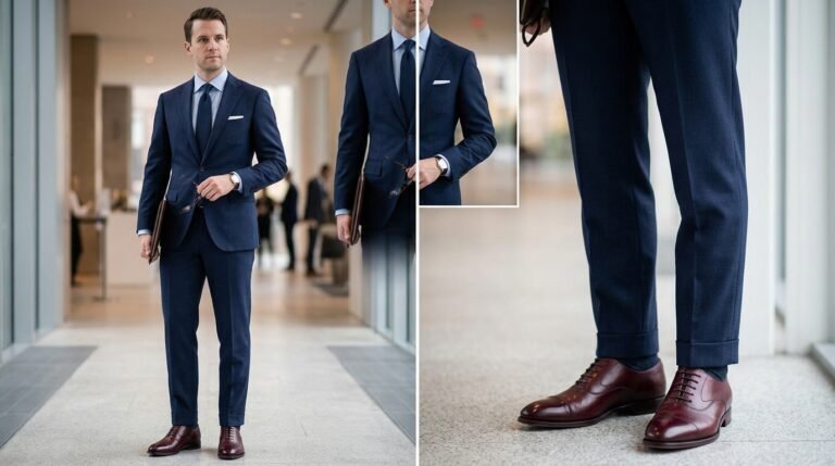 Navy suit burgundy shoes