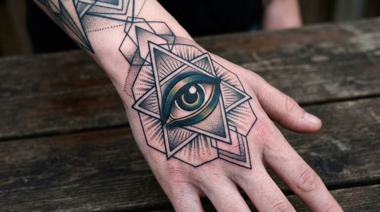 Geometric eye hand tattoo design