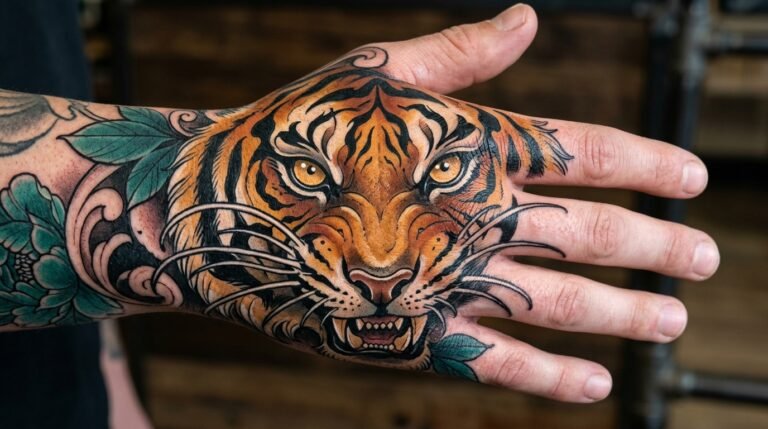 Tiger hand tattoo
