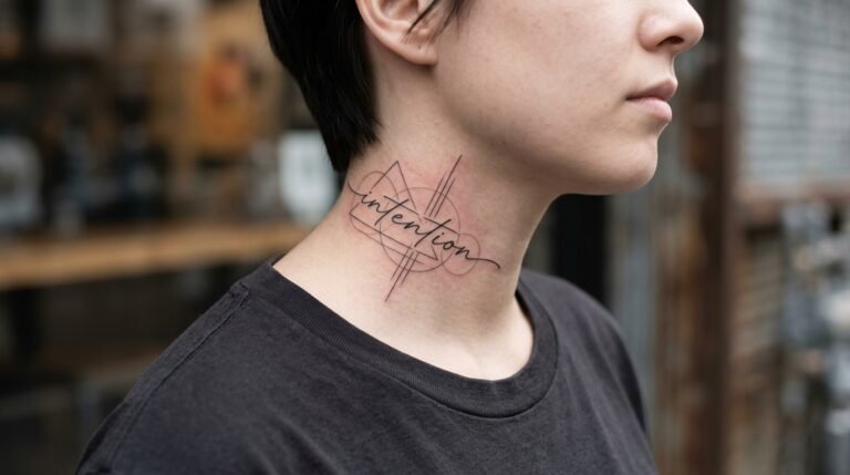 Geometric script neck tattoo