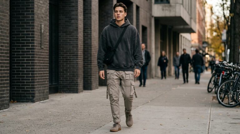Dark Grey Puffer Vest, Black Hoodie, and Slate JoggersLayered Athletic StreetwearA dark grey puffer vest adds structure over a black hoodie. Slate joggers maintain comfort while technical running sneakers introduce modern performance influences. The layered proportions create visual interest without complexity. The aesthetic is layered streetwear.Great for active casual days, airport outfits, and weekend errands. It suits men who prioritize comfort without sacrificing style. Swap joggers for cargos to create a more fashion-oriented silhouette. Best during transitional weather.