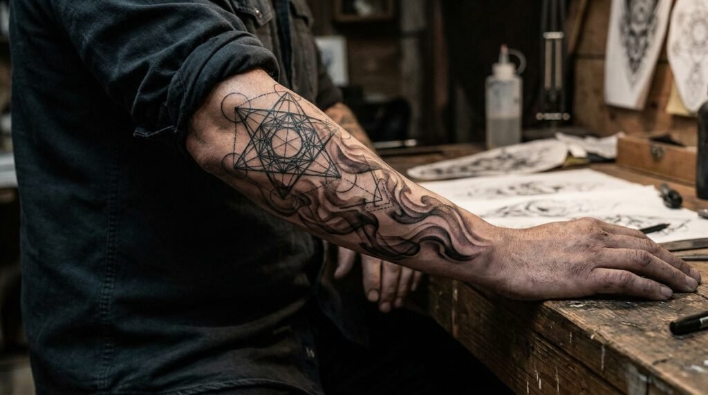abstract geometric sleeve tattoo