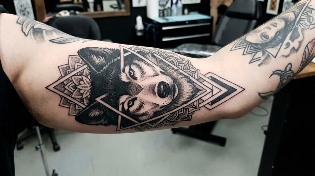 geometric wolf sleeve tattoo