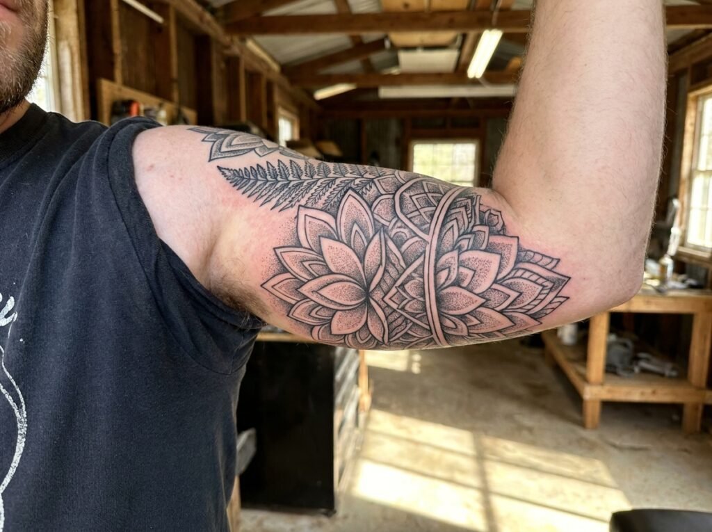 geometric botanical tattoo sleeve
