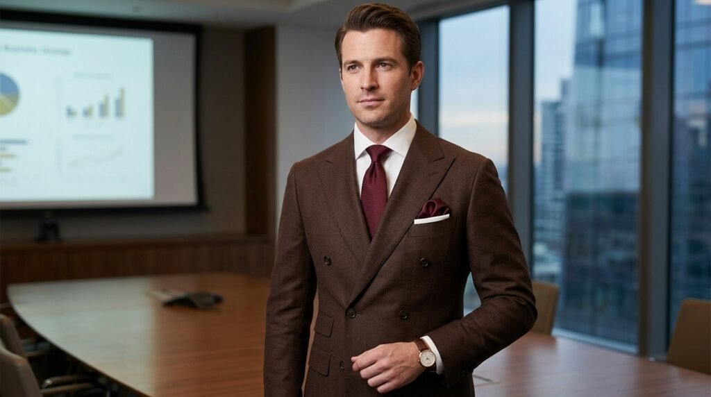 double breasted brown suit