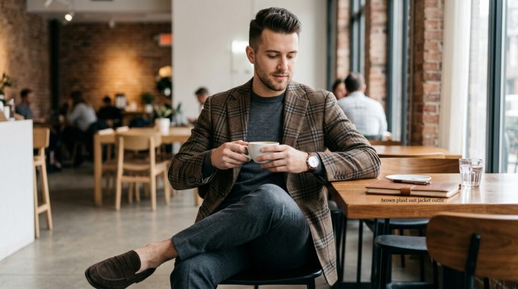 brown plaid suit jacket outfit