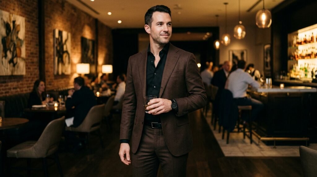 brown and black suit outfit