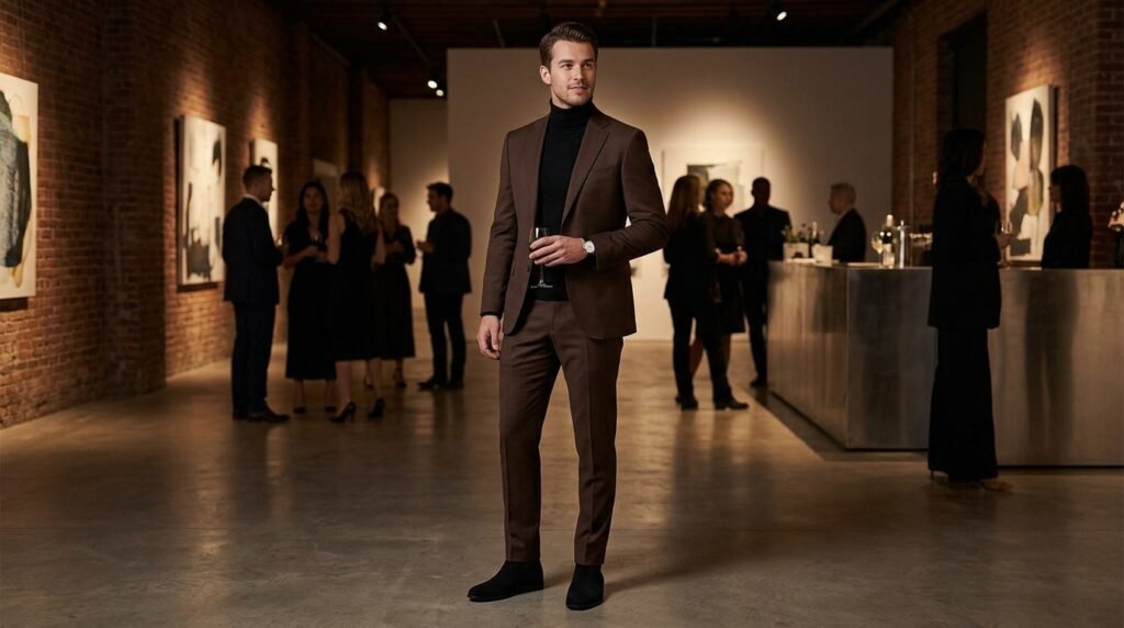 brown suit black turtleneck