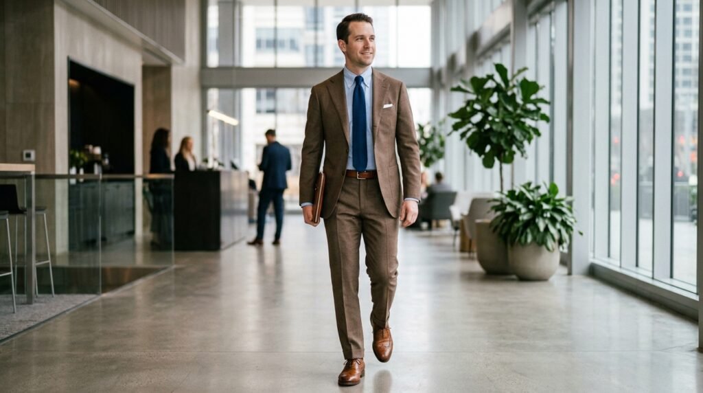 blue and brown suit outfit