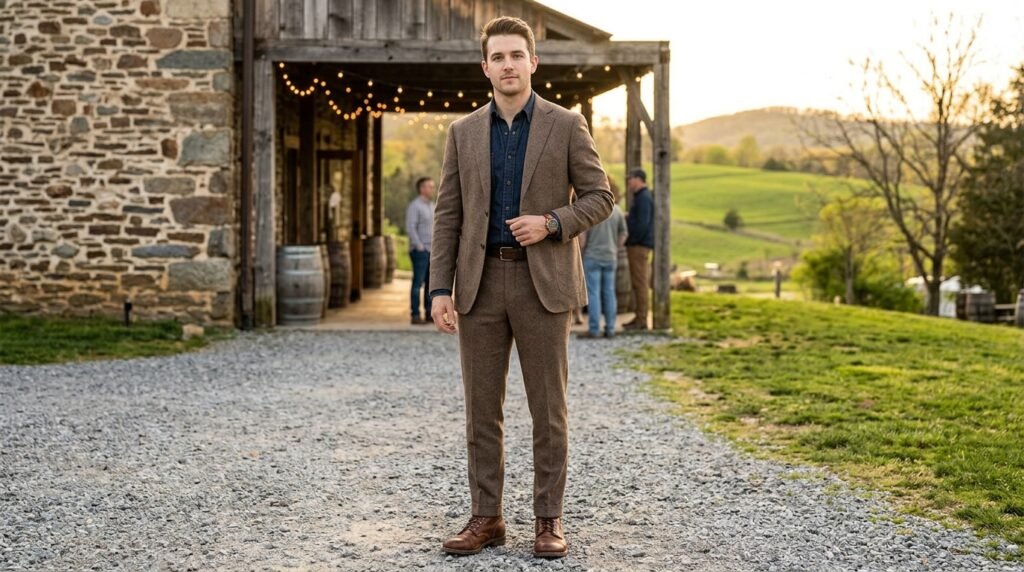 brown boots suit outfit