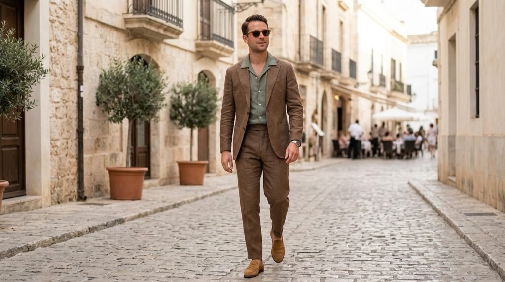 green and brown suit outfit