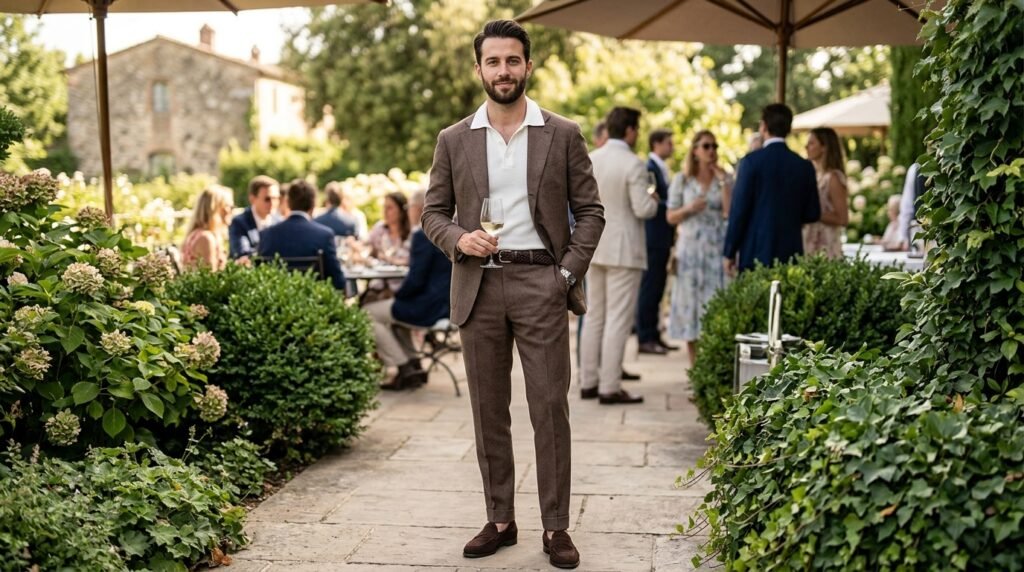 brown and white suit outfit