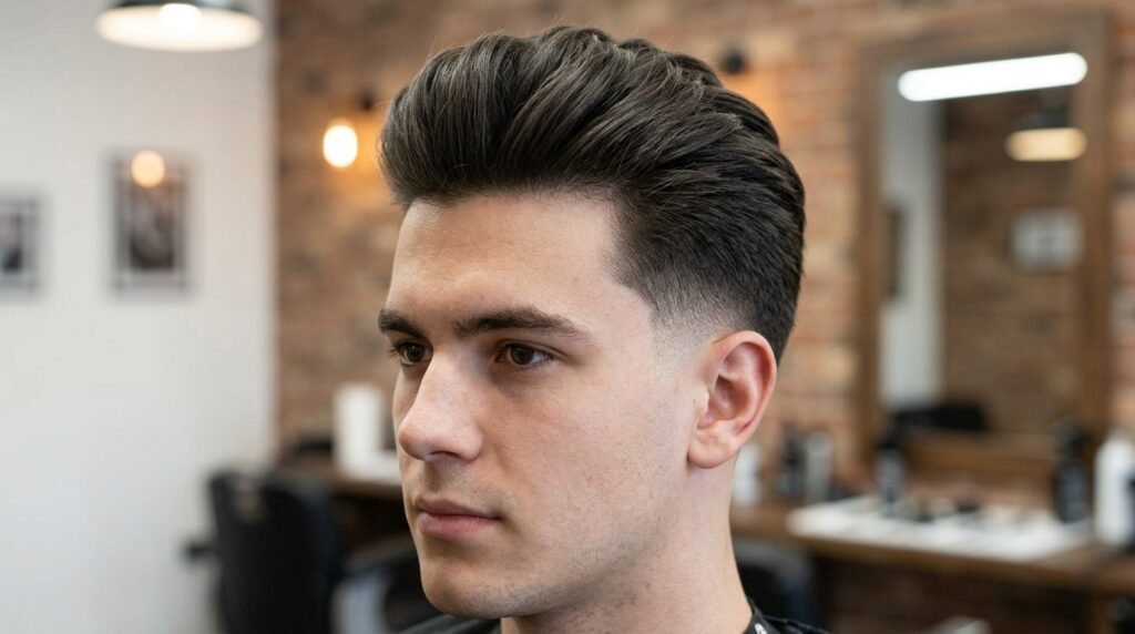 low drop fade brushed back hair