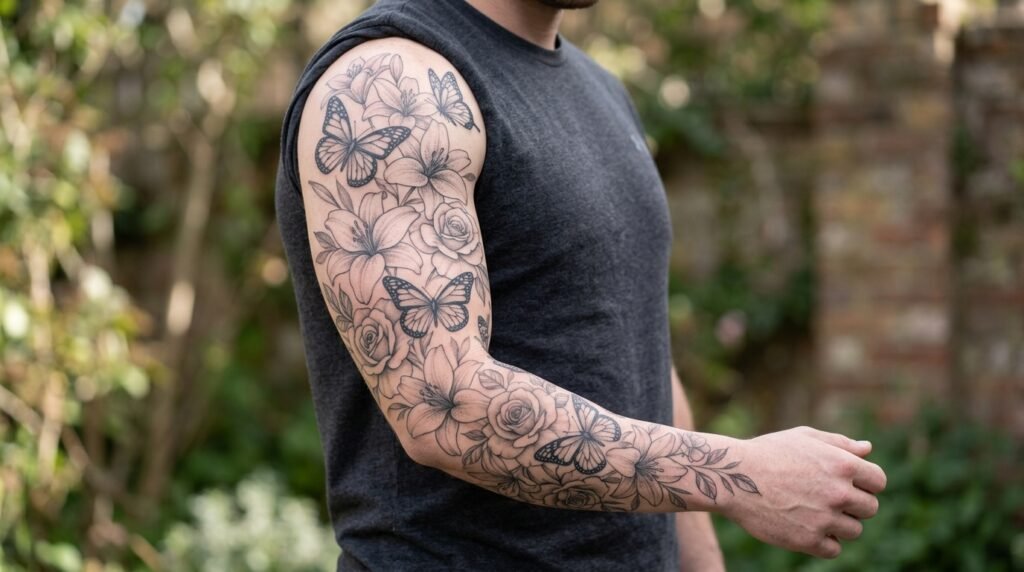 butterfly floral sleeve tattoo